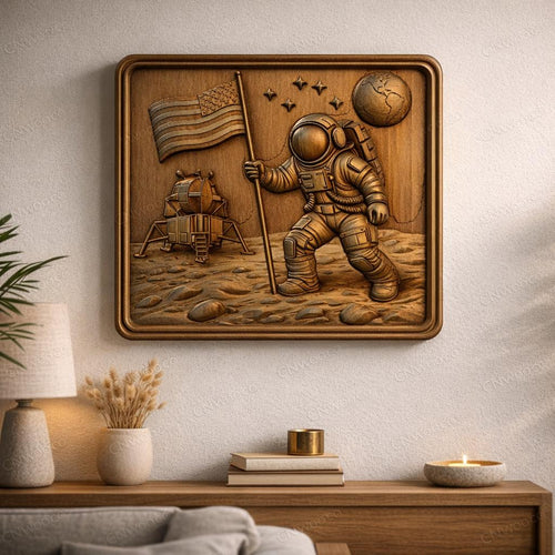 Fichier CNC astronaute alunissage, bas-relief bois lune, décoration murale espace, panneau décoratif, modèle gravure 3D STL