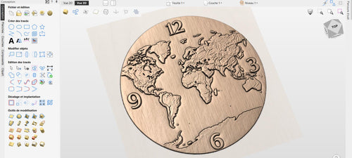 Fichier CNC horloge carte du monde, bas-relief bois moderne, décoration murale map design, sculpture horloge, modèle gravure 3D STL