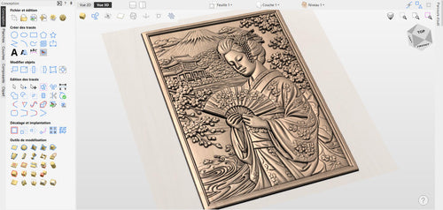 Fichier CNC geisha japonaise mont Fuji – bas-relief asiatique pour sculpture bois, décoration murale STL