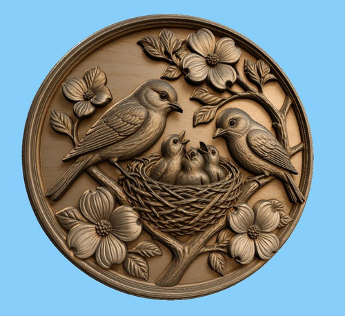CNC & impression 3D relief famille d’oiseaux au nid, fichier STL très haute qualité