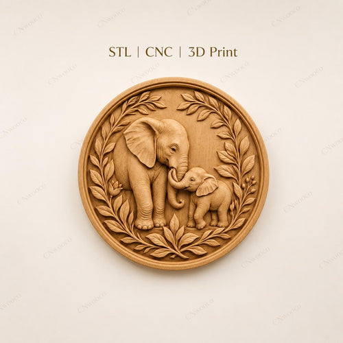 CNC & impression 3D relief éléphants mère et bébé, décoration animale pour gravure bois, STL de haute qualité