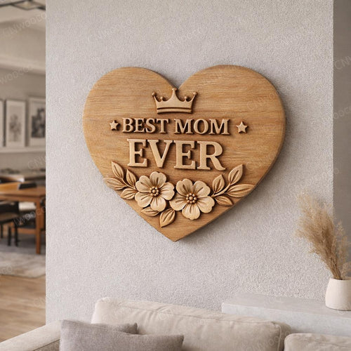 Fichier CNC & impression 3D panneau Best Mom Ever cœur floral – bas-relief bois pour cadeau fête des mères, décoration murale STL