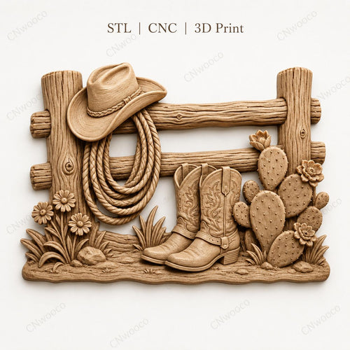 CNC & impression 3D clôture western avec bottes cowboy et cactus, fichier STL très haute qualité