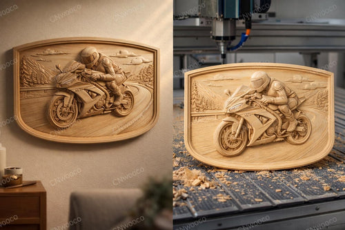 Fichier CNC motard sport bike, bas-relief bois biker, décoration murale garage, sculpture bois, modèle gravure 3D STL