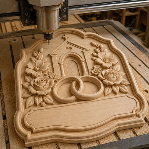 CNC & impression 3D relief mariage avec église et alliances, plaque wedding pour gravure bois, STL de haute qualité, à personnaliser