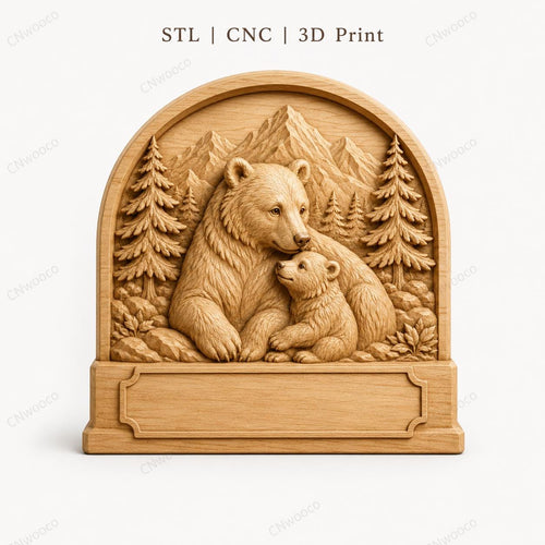CNC & impression 3D relief ours maman et bébé, fichier wildlife pour gravure bois, STL de haute qualité, à personnaliser