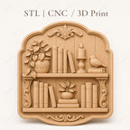 CNC & impression 3D relief bibliothèque avec livres plante bougie et oiseau, fichier STL très haute qualité