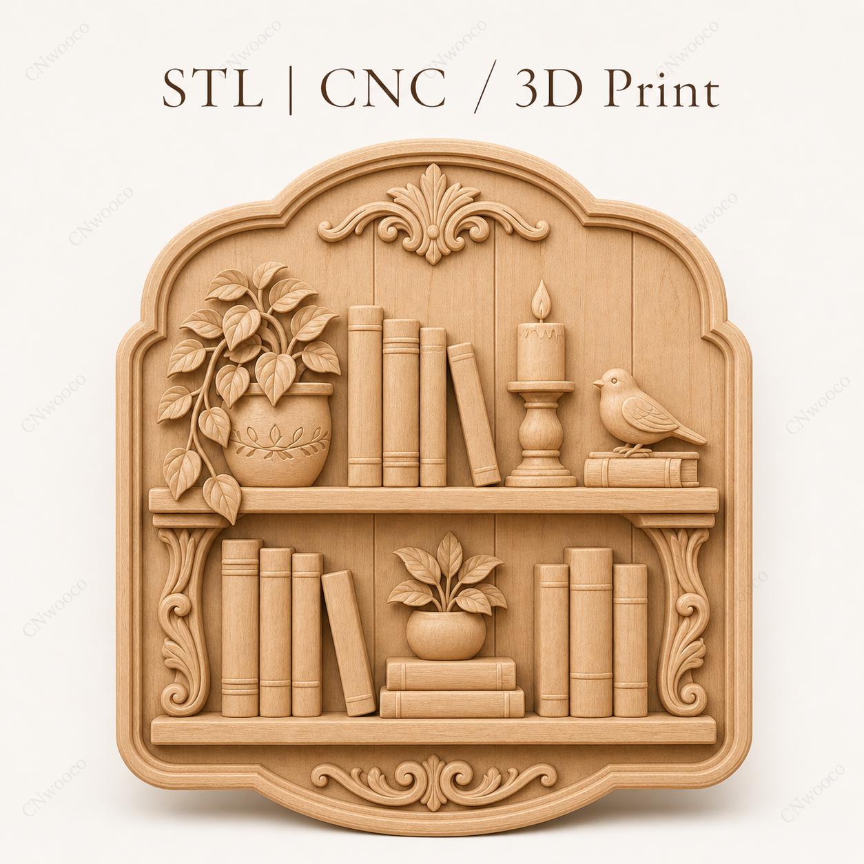 CNC & impression 3D relief bibliothèque avec livres plante bougie et oiseau, fichier STL très haute qualité