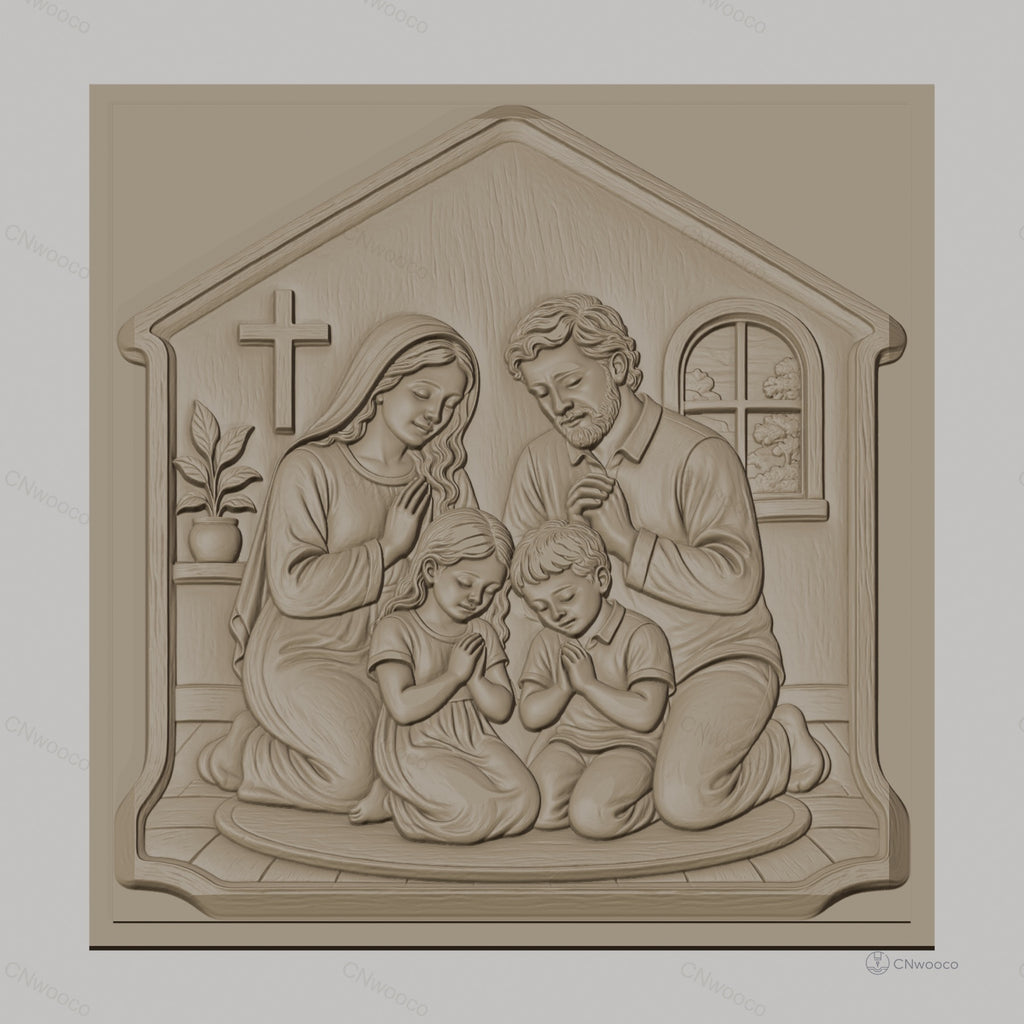 Fichier CNC & impression 3D famille en prière chrétienne, scène religieuse avec croix et enfants, haute qualité relief STL