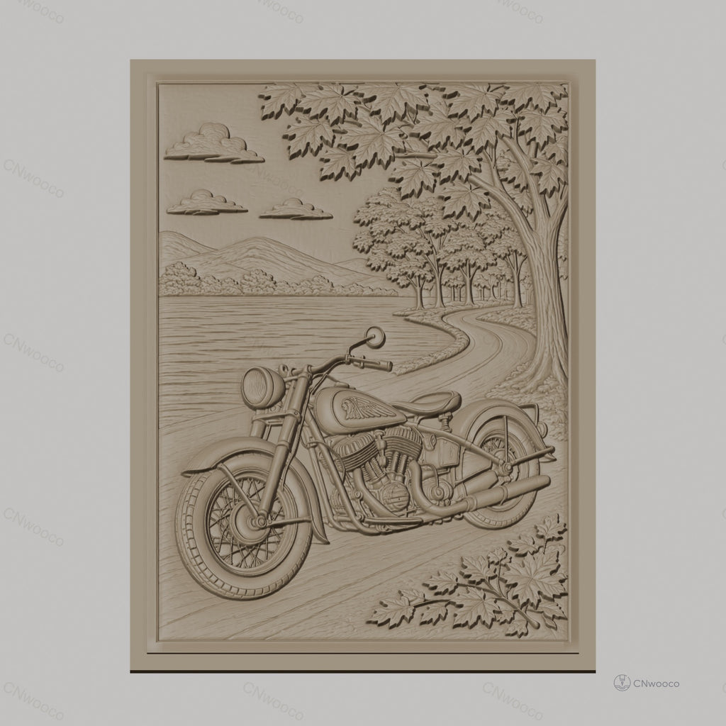 Fichier CNC & impression 3D moto vintage, chemin forestier et lac, haute qualité relief STL