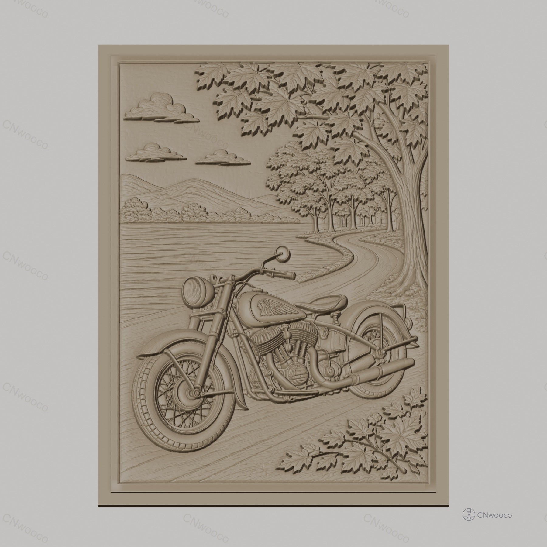 Fichier CNC & impression 3D moto vintage, chemin forestier et lac, haute qualité relief STL