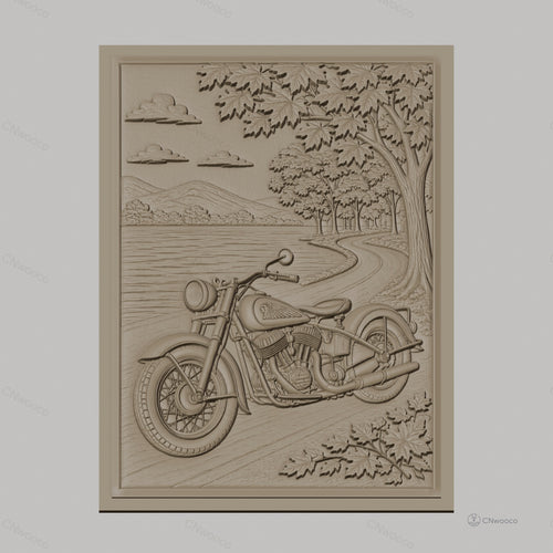 Fichier CNC & impression 3D moto vintage, chemin forestier et lac, haute qualité relief STL