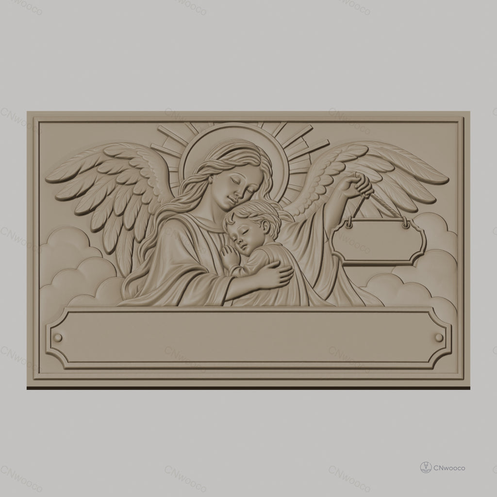 Fichier CNC & impression 3D ange gardien, enfant en étreinte avec ailes et auréole, haute qualité relief STL