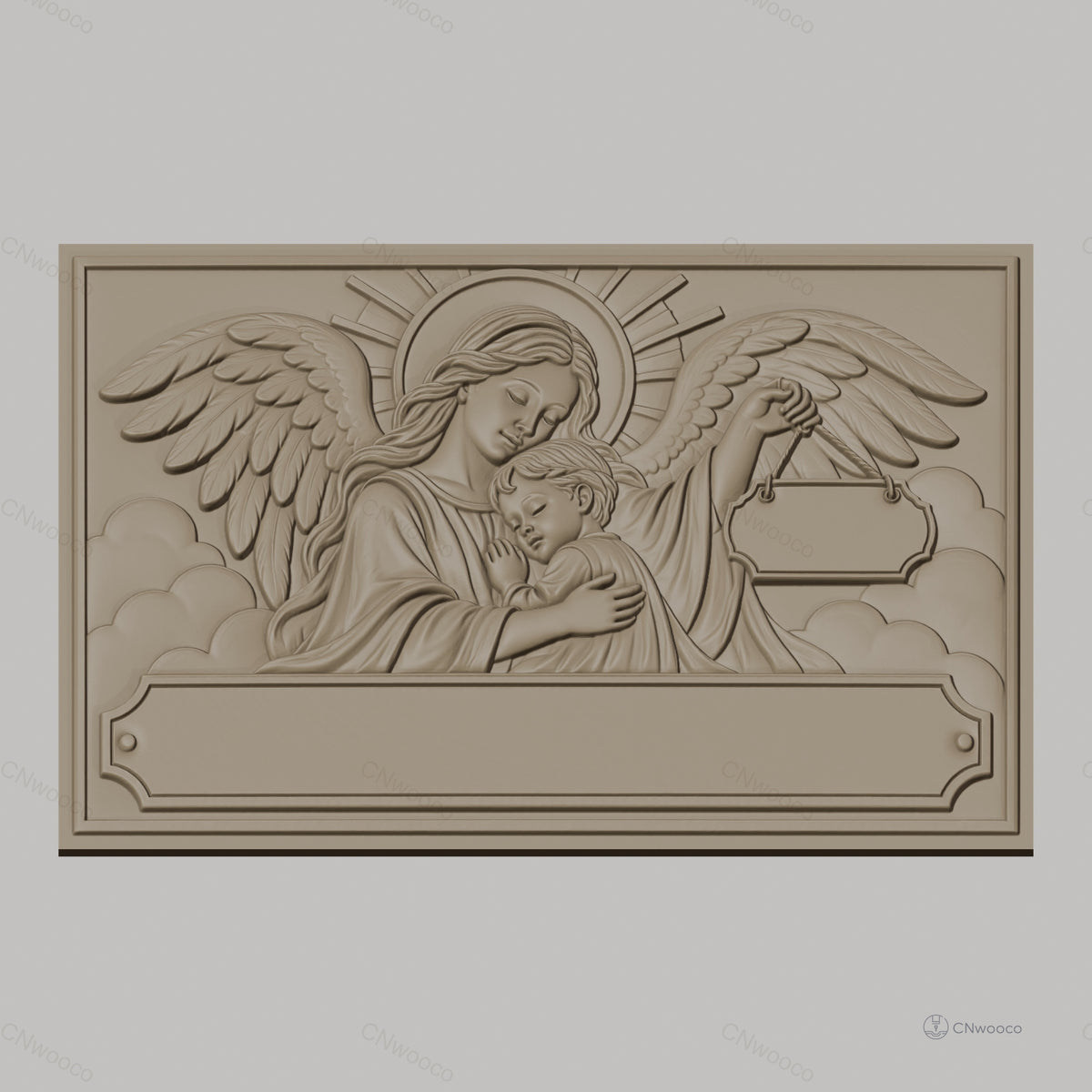 Fichier CNC & impression 3D ange gardien, enfant en étreinte avec ailes et auréole, haute qualité relief STL