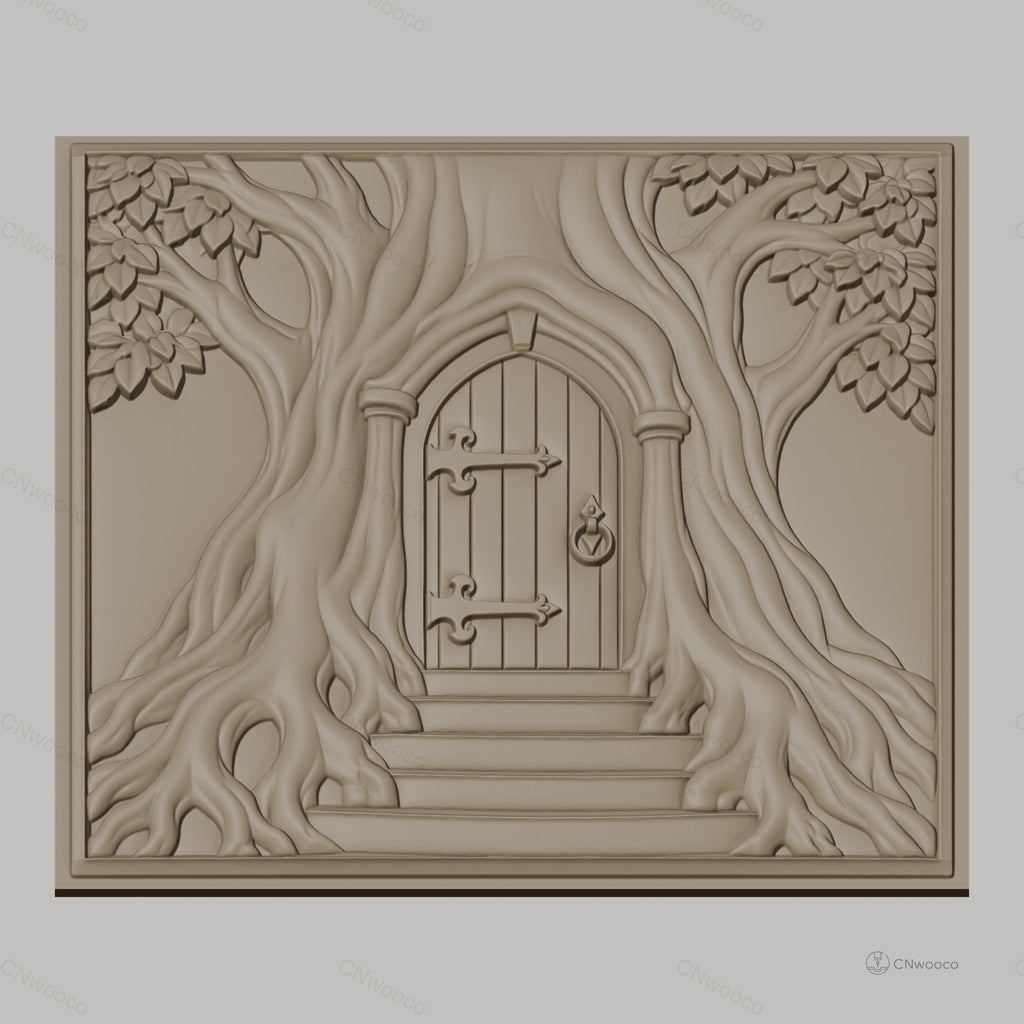 Fichier CNC & impression 3D porte dans arbre, racines et feuilles, haute qualité relief STL