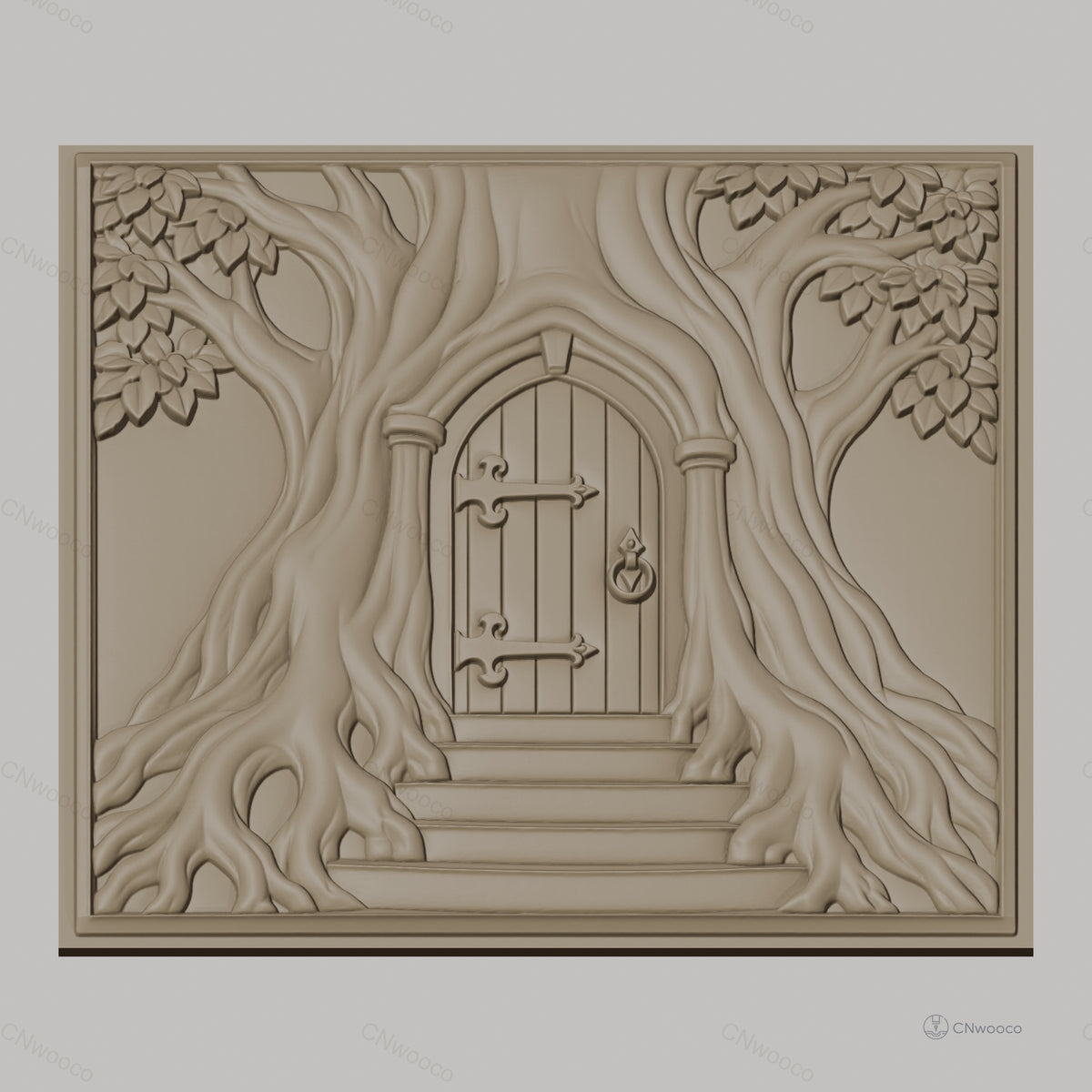 Fichier CNC & impression 3D porte dans arbre, racines et feuilles, haute qualité relief STL