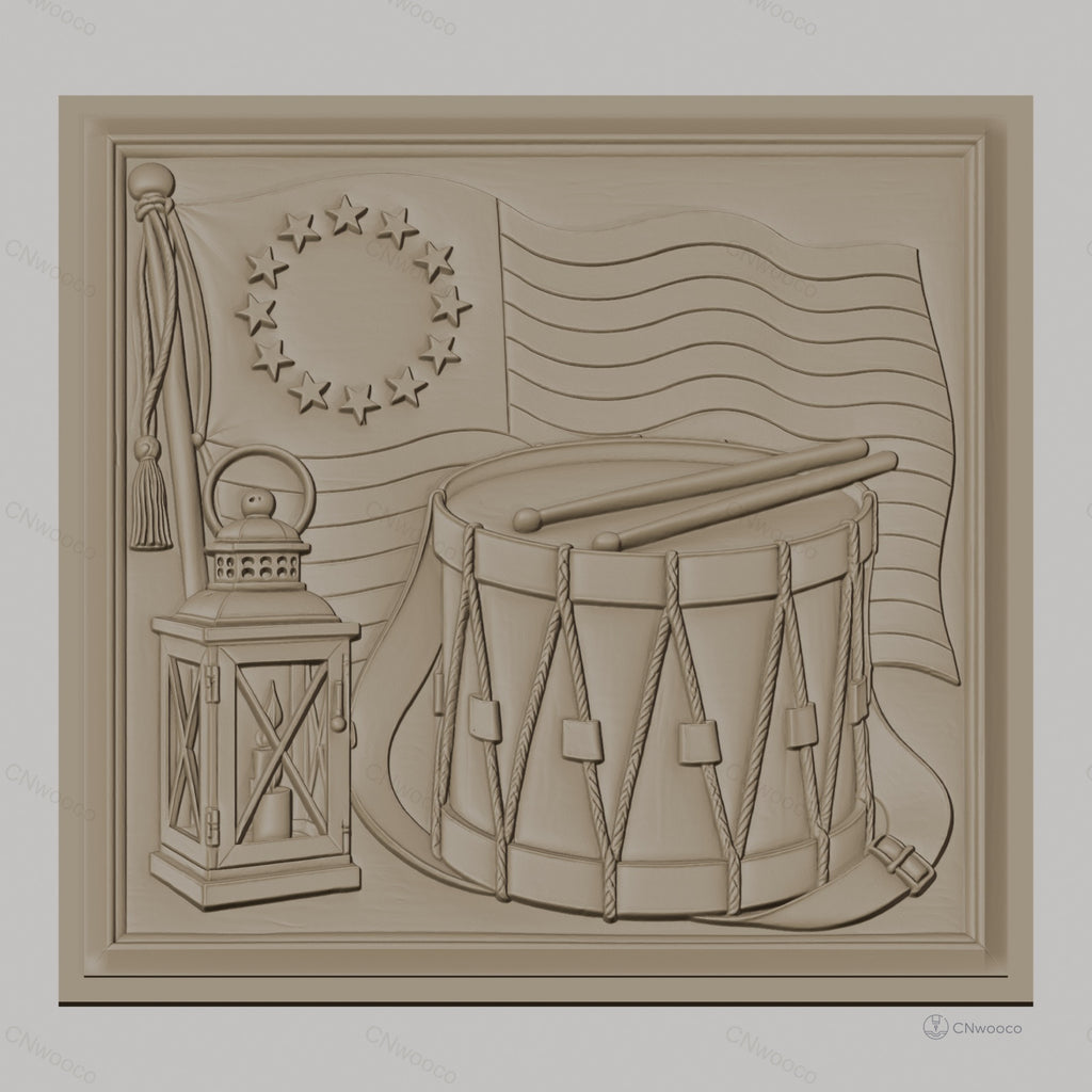 Fichier CNC & impression 3D drapeau américain révolutionnaire, tambour militaire et lanterne, haute qualité relief STL