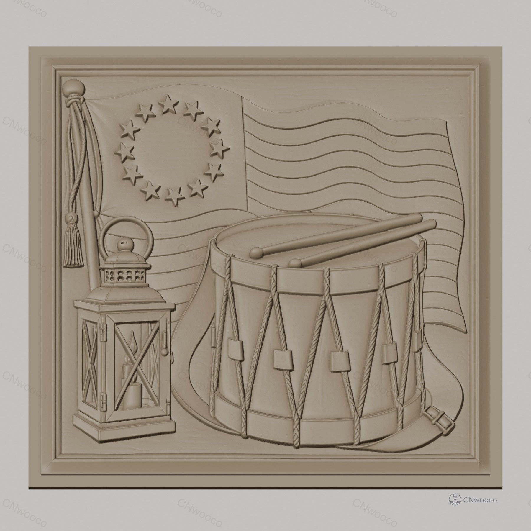 Fichier CNC & impression 3D drapeau américain révolutionnaire, tambour militaire et lanterne, haute qualité relief STL