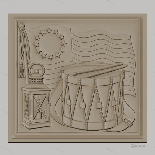 Fichier CNC & impression 3D drapeau américain révolutionnaire, tambour militaire et lanterne, haute qualité relief STL