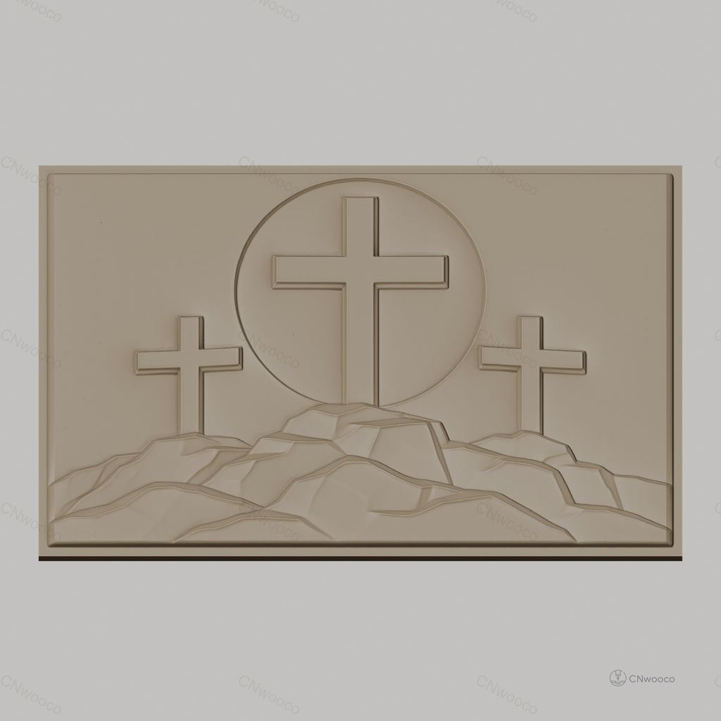 Fichier CNC & impression 3D thème religieux, trois croix sur monts, haute qualité relief STL