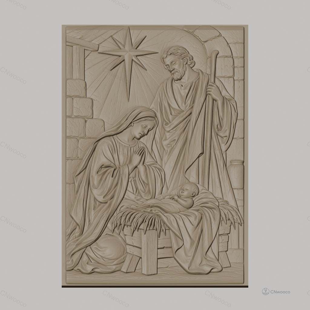 Fichier CNC & impression 3D scène de la nativité, Marie Joseph et bébé Jésus avec étoile, haute qualité relief STL