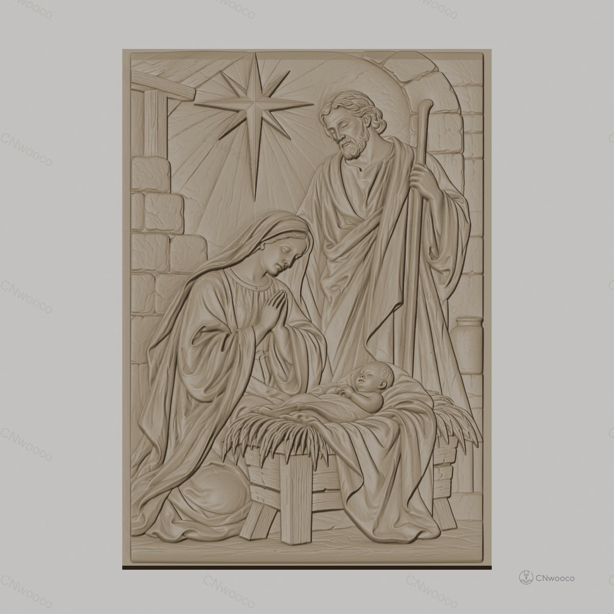 Fichier CNC & impression 3D scène de la nativité, Marie Joseph et bébé Jésus avec étoile, haute qualité relief STL