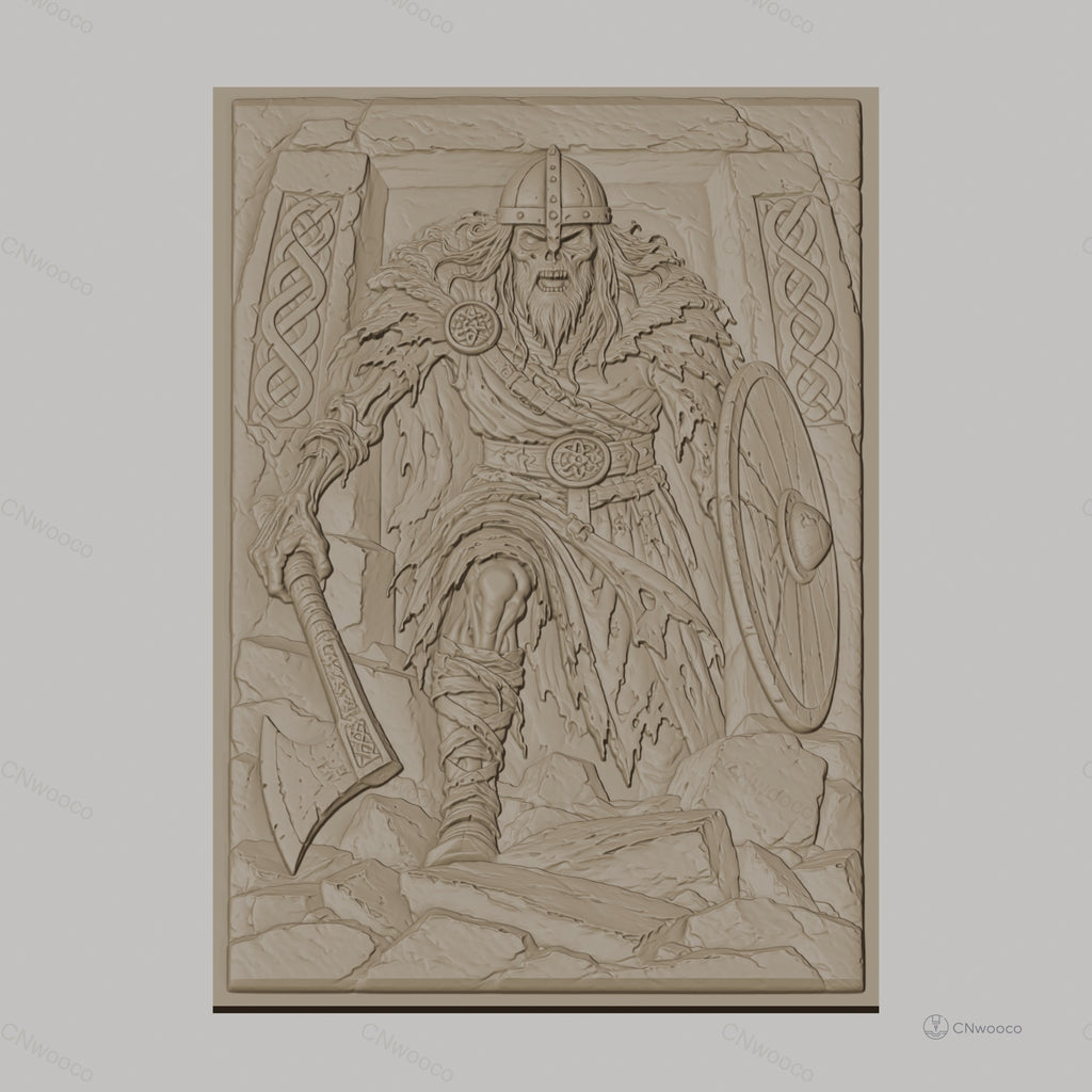 Fichier CNC & impression 3D Viking guerrier avec hache et bouclier, haute qualité relief STL