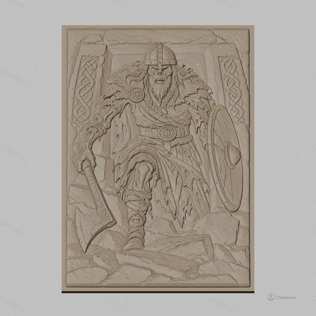 Fichier CNC & impression 3D Viking guerrier avec hache et bouclier, haute qualité relief STL