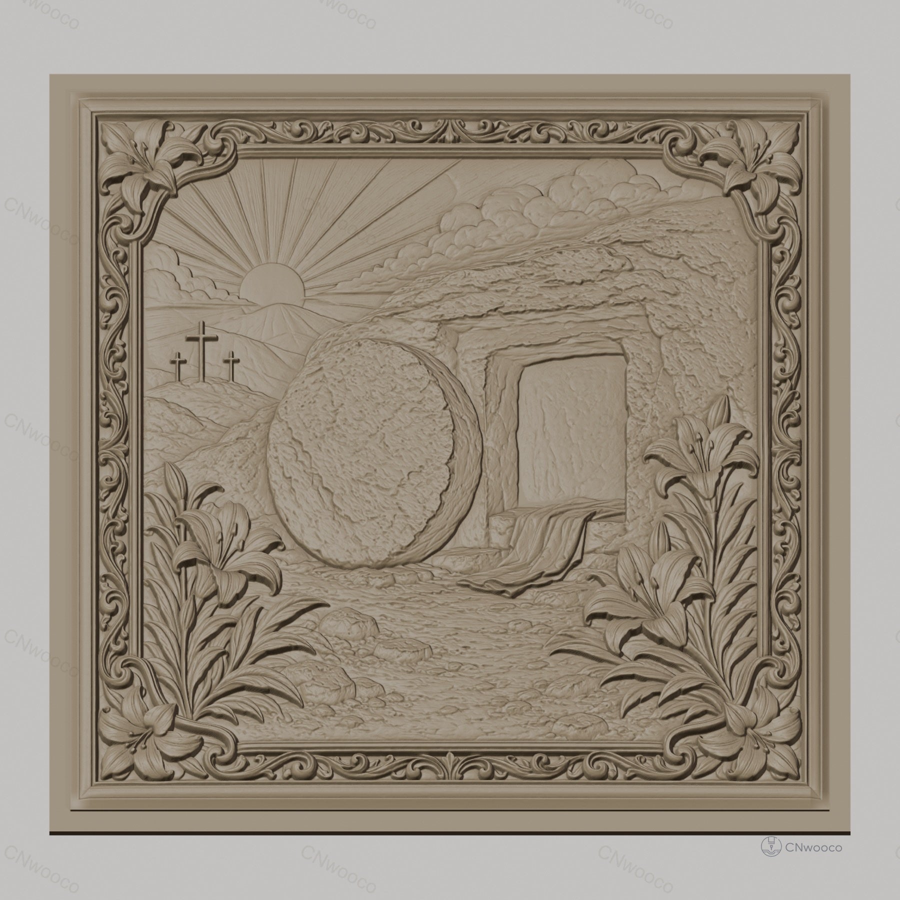 Fichier CNC & impression 3D tombeau vide de Jésus, croix et lys, haute qualité relief STL
