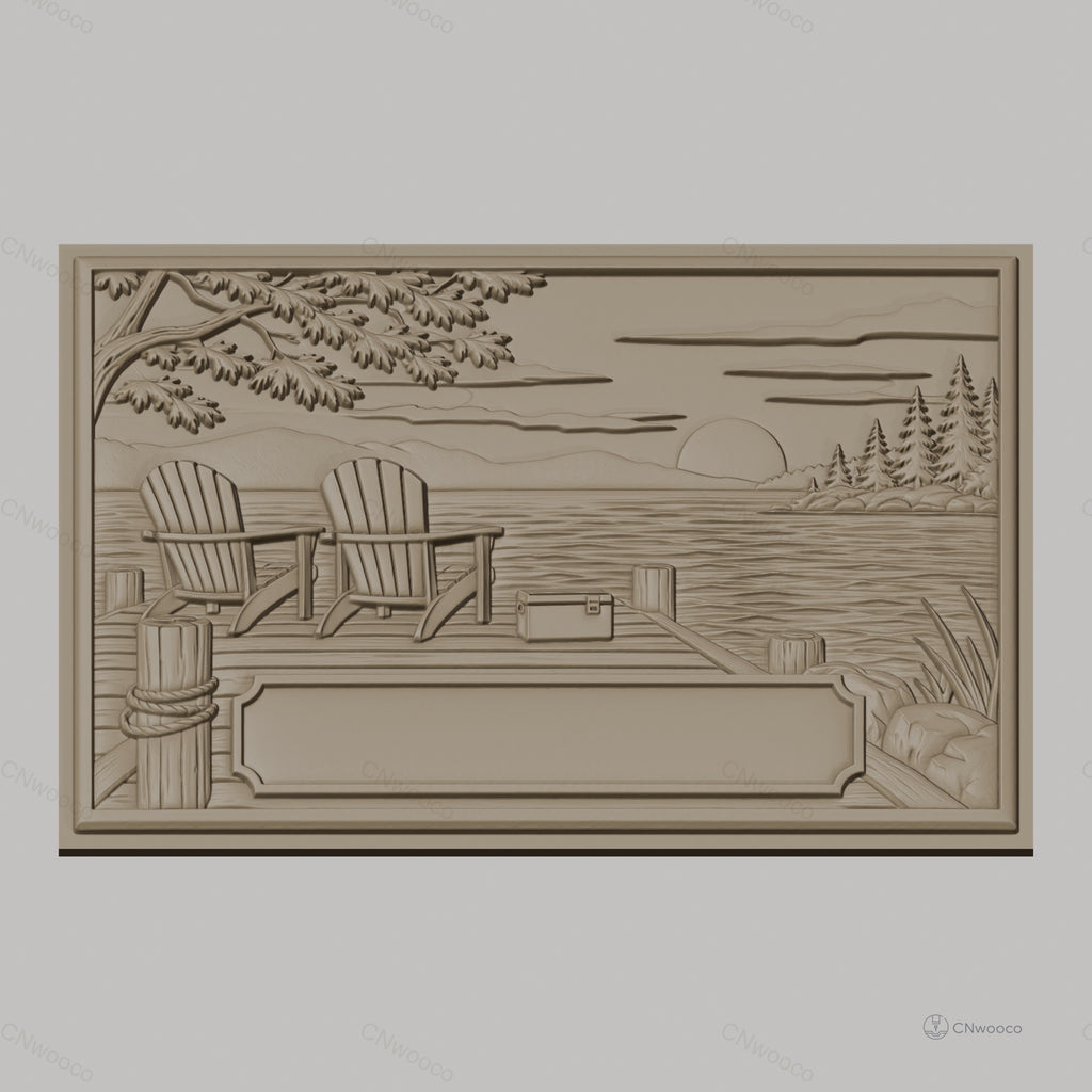 Fichier CNC & impression 3D paysage lacustre, chaises Adirondack sur quai avec coucher de soleil, haute qualité relief STL