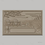 Fichier CNC & impression 3D paysage lacustre, chaises Adirondack sur quai avec coucher de soleil, haute qualité relief STL