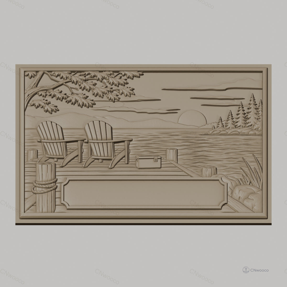 Fichier CNC & impression 3D paysage lacustre, chaises Adirondack sur quai avec coucher de soleil, haute qualité relief STL