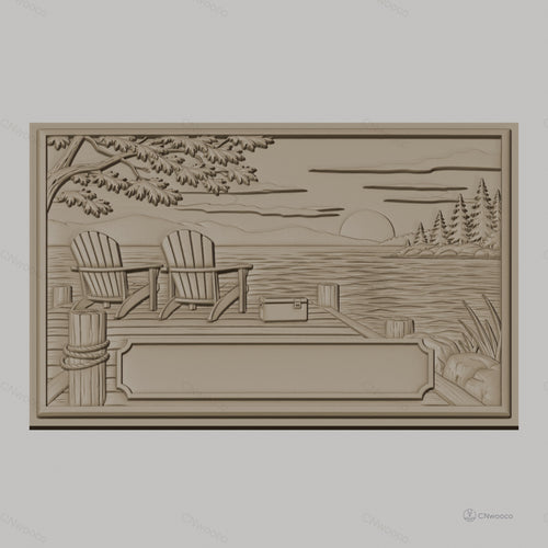 Fichier CNC & impression 3D paysage lacustre, chaises Adirondack sur quai avec coucher de soleil, haute qualité relief STL