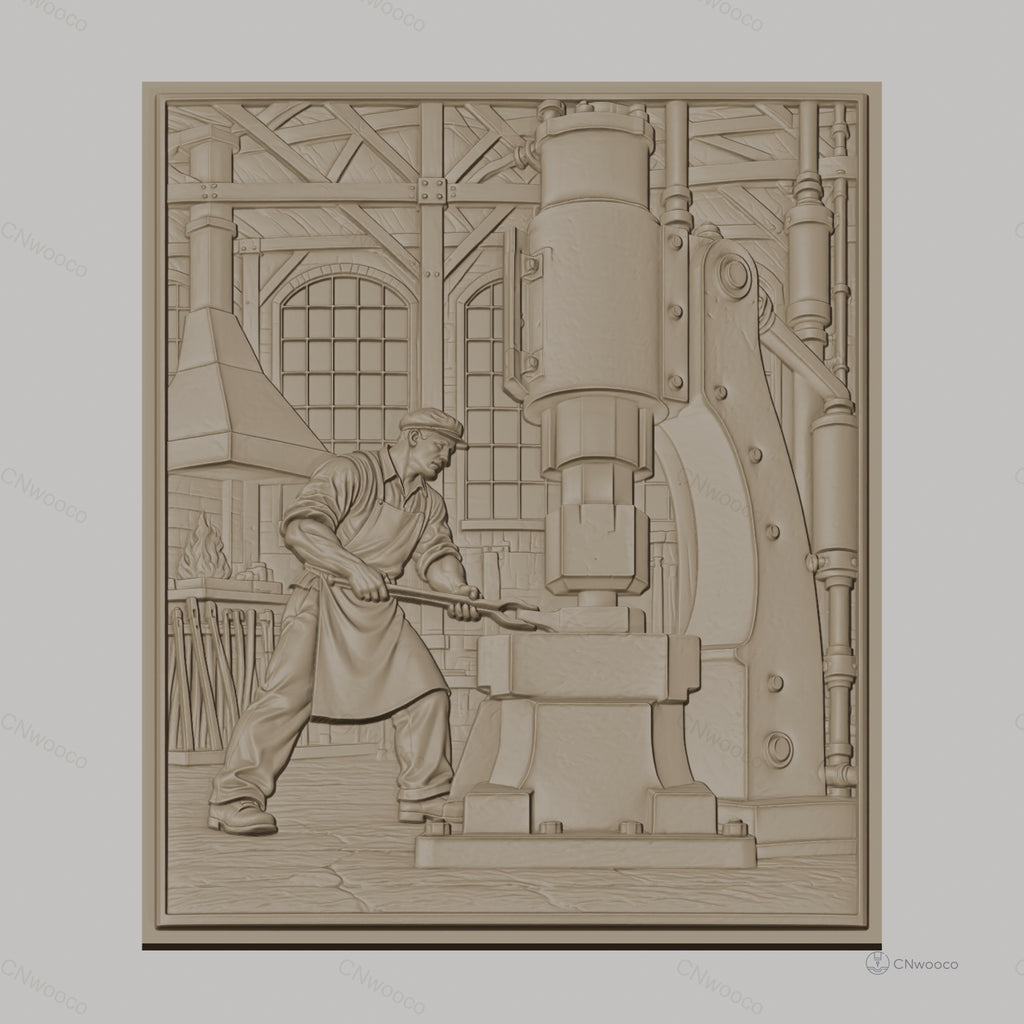 Fichier CNC & impression 3D scène forgeron industriel, atelier ancien avec machine et forgeron, haute qualité relief STL