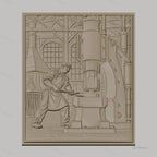 Fichier CNC & impression 3D scène forgeron industriel, atelier ancien avec machine et forgeron, haute qualité relief STL