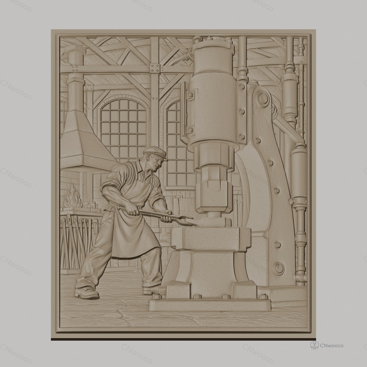 Fichier CNC & impression 3D scène forgeron industriel, atelier ancien avec machine et forgeron, haute qualité relief STL