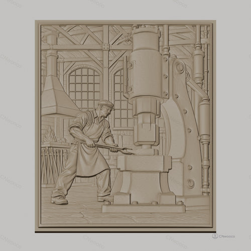 Fichier CNC & impression 3D scène forgeron industriel, atelier ancien avec machine et forgeron, haute qualité relief STL