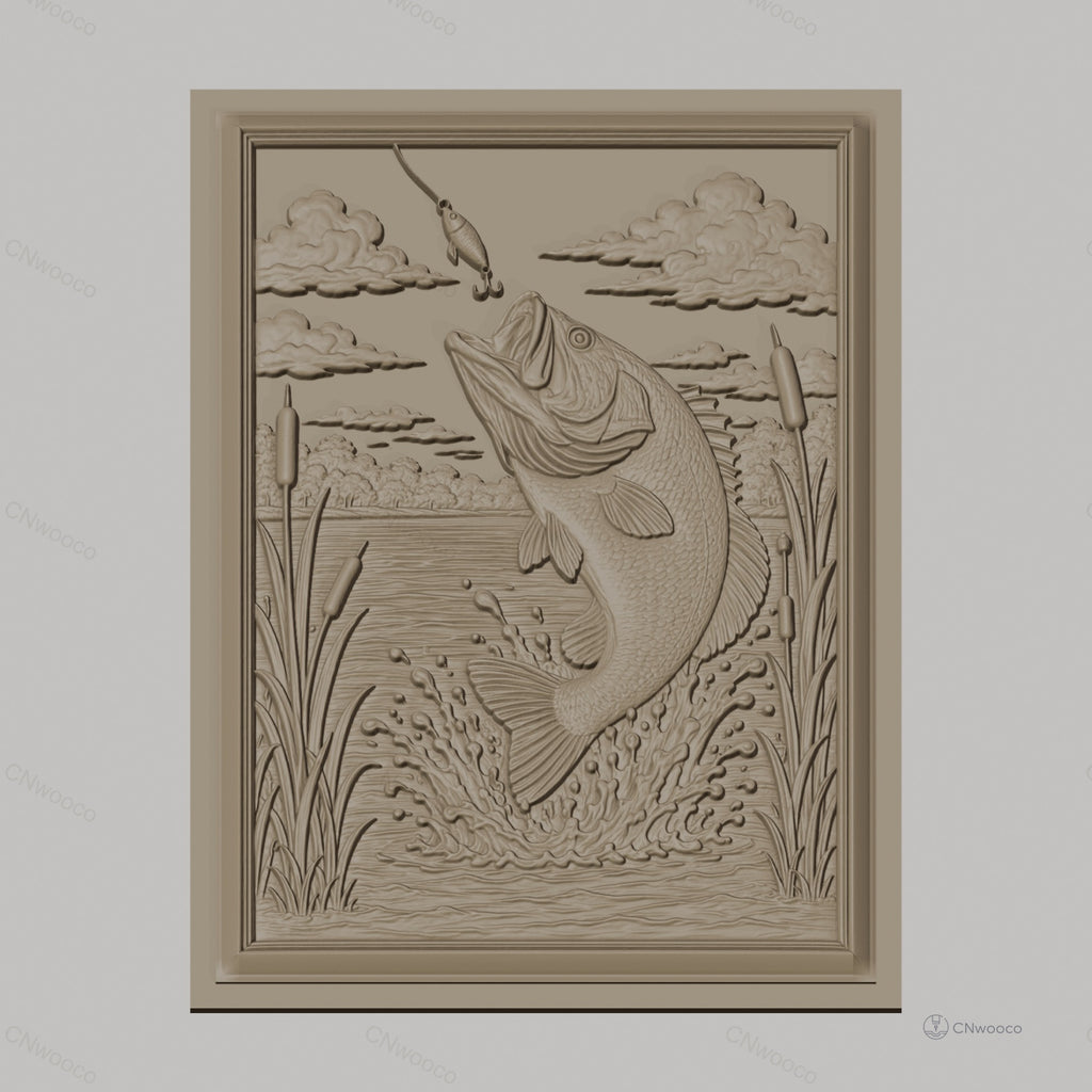 Fichier CNC & impression 3D poisson bass sautant, eau, plantes aquatiques haute qualité relief STL
