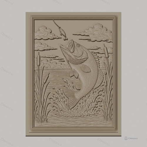 Fichier CNC & impression 3D poisson bass sautant, eau, plantes aquatiques haute qualité relief STL