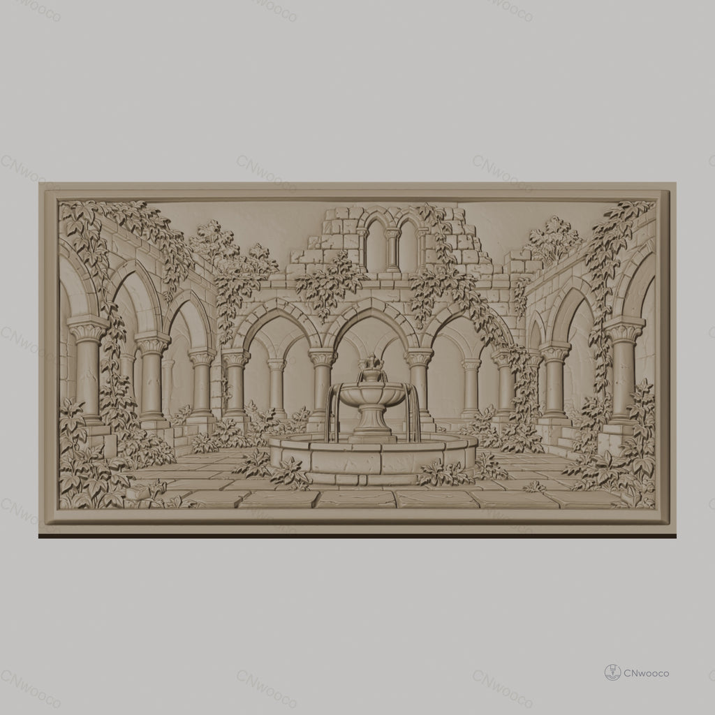 Fichier CNC & impression 3D cloître ancien, fontaine centrale et archades gothiques, haute qualité relief STL