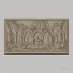 Fichier CNC & impression 3D cloître ancien, fontaine centrale et archades gothiques, haute qualité relief STL
