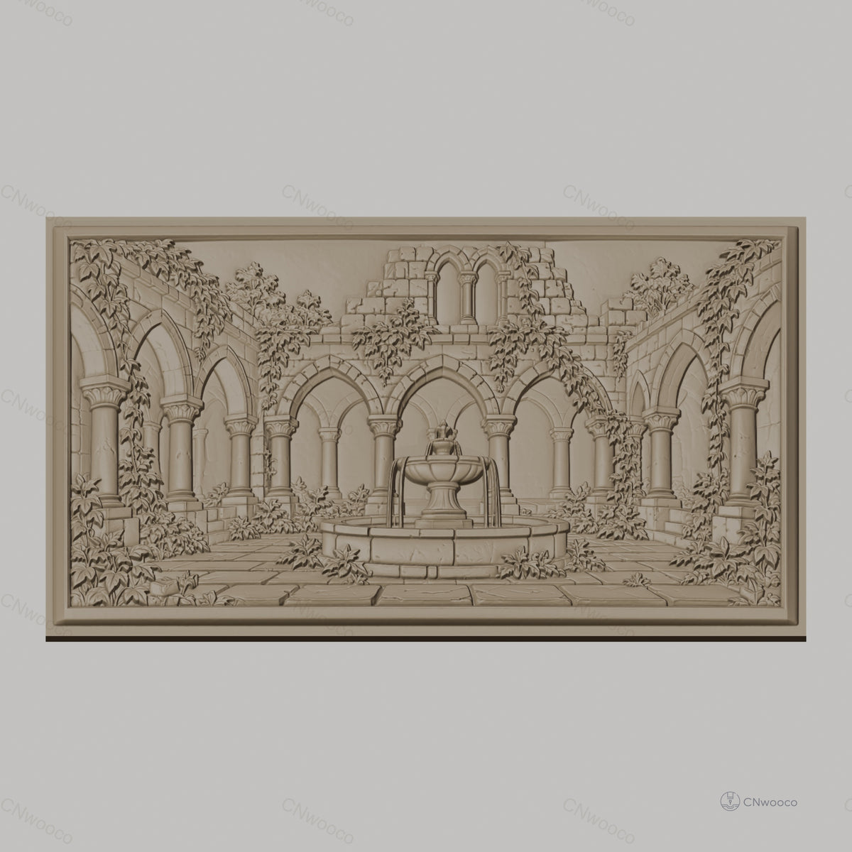 Fichier CNC & impression 3D cloître ancien, fontaine centrale et archades gothiques, haute qualité relief STL