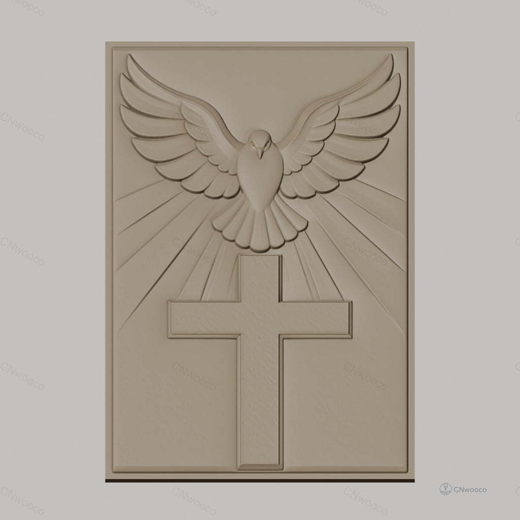 Fichier CNC & impression 3D croix chrétienne avec colombe et rayons de lumière, haute qualité relief STL
