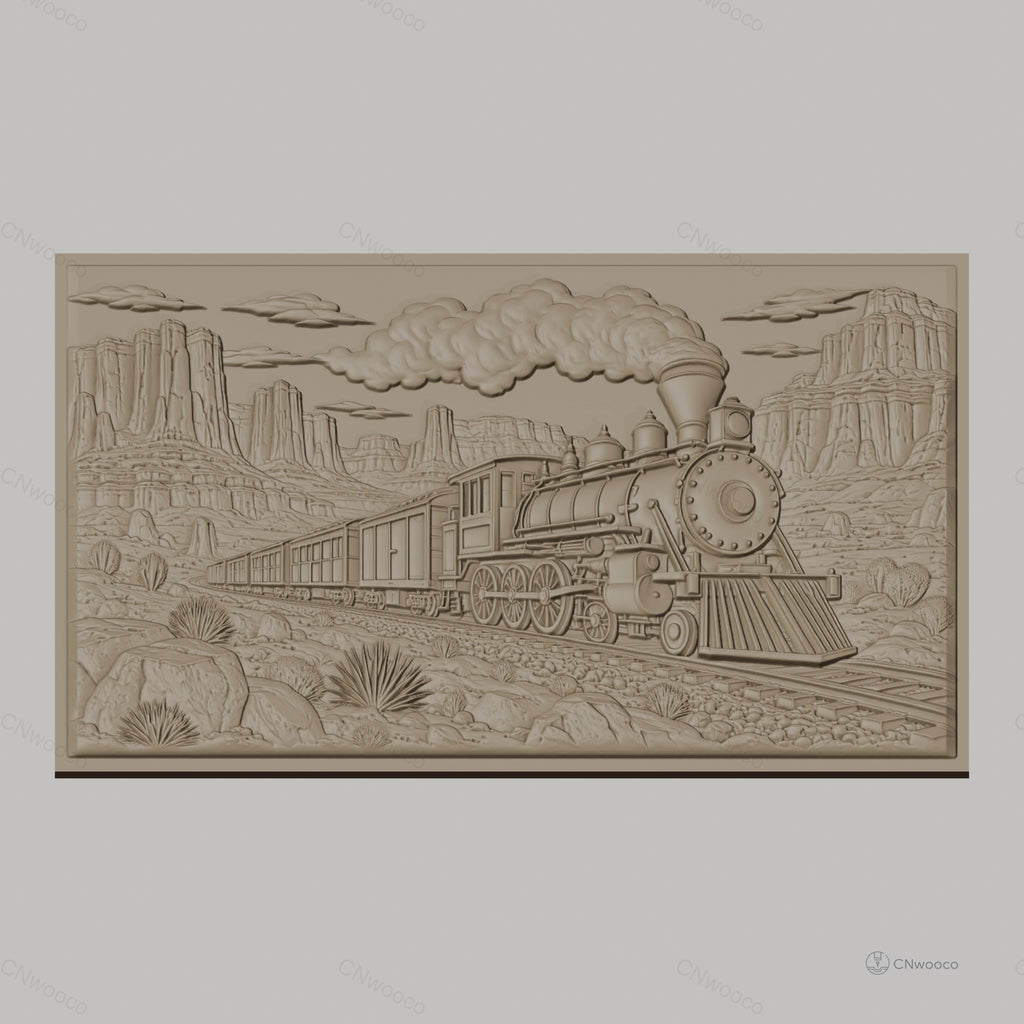 Fichier CNC & impression 3D train à vapeur, paysage désertique avec rochers et cactus, haute qualité relief STL