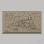 Fichier CNC & impression 3D train à vapeur, paysage désertique avec rochers et cactus, haute qualité relief STL