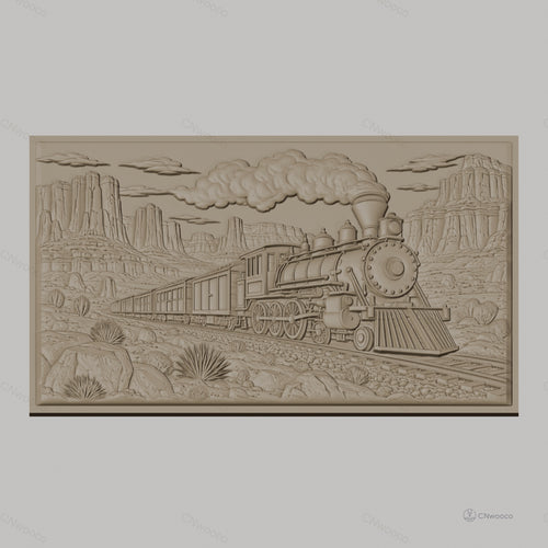 Fichier CNC & impression 3D train à vapeur, paysage désertique avec rochers et cactus, haute qualité relief STL