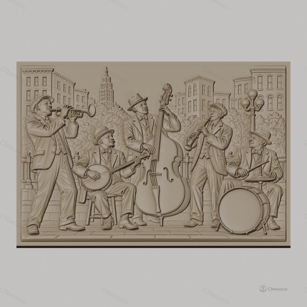 Fichier CNC & impression 3D groupe de jazz vintage, musiciens avec trompette, banjo, contrebasse, clarinette, batterie haute qualité relief STL