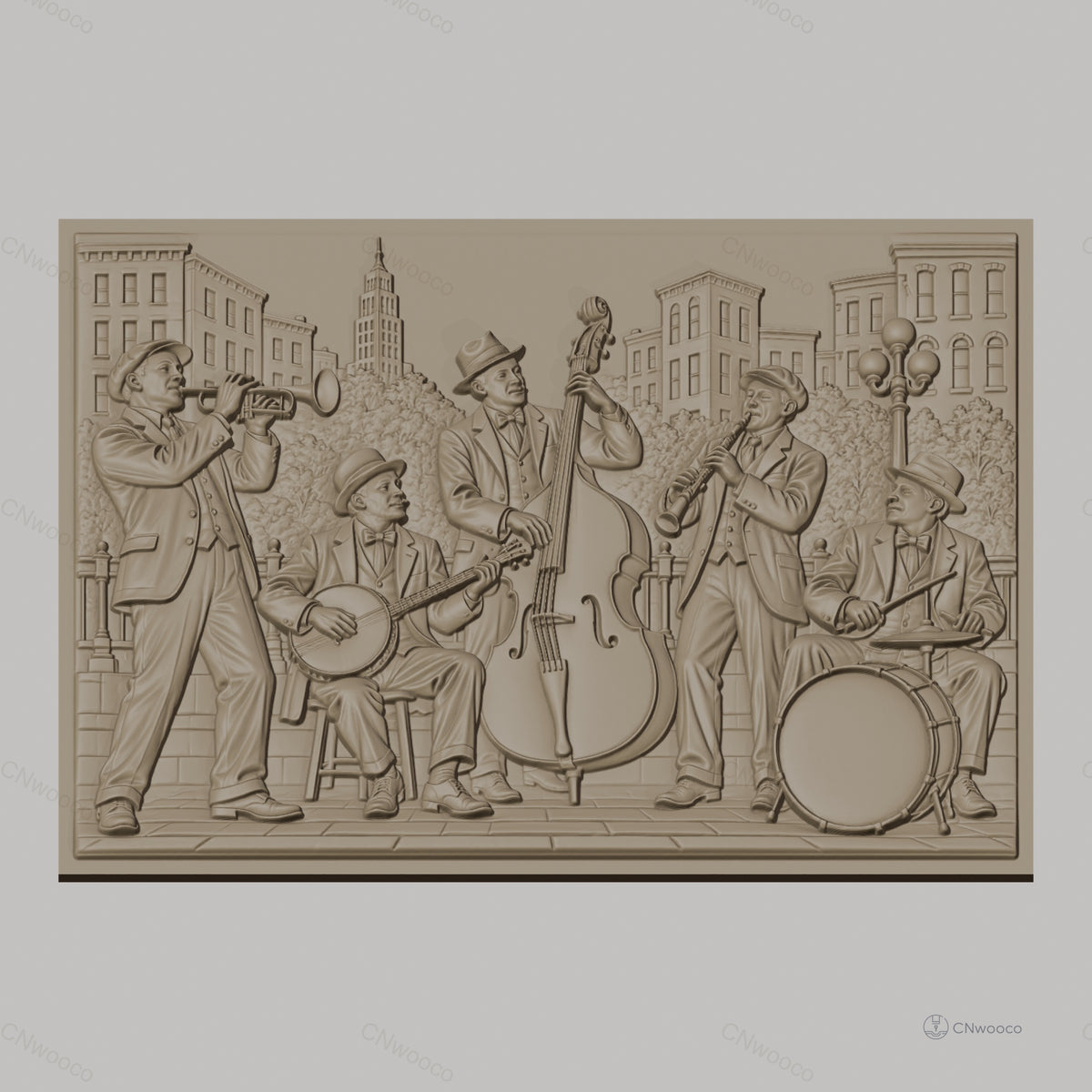 Fichier CNC & impression 3D groupe de jazz vintage, musiciens avec trompette, banjo, contrebasse, clarinette, batterie haute qualité relief STL