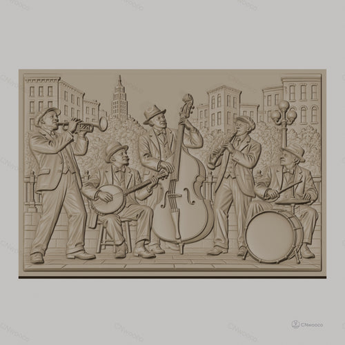 Fichier CNC & impression 3D groupe de jazz vintage, musiciens avec trompette, banjo, contrebasse, clarinette, batterie haute qualité relief STL