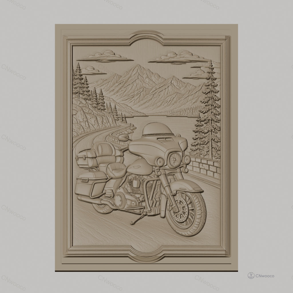 Fichier CNC & impression 3D moto routière, paysage montagne route lac cadre décoratif, haute qualité relief STL